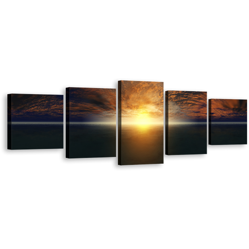 Dramatic Sea Canvas Wall Art, Blue Sky Cloudy Ocean Sky 5 Piece Canvas Set, Yellow Sunset Ocean Canvas Print