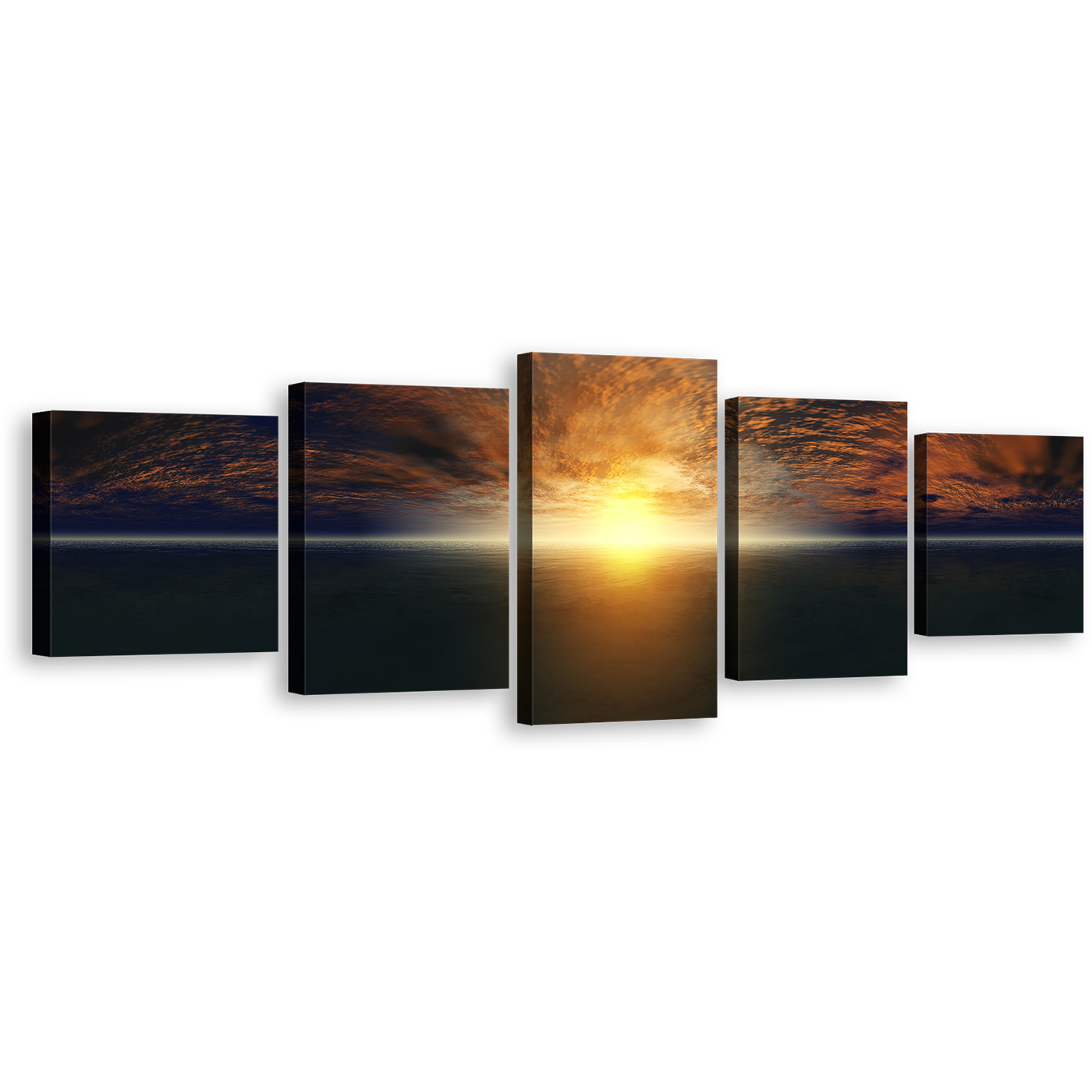 Dramatic Sea Canvas Wall Art, Blue Sky Cloudy Ocean Sky 5 Piece Canvas Set, Yellow Sunset Ocean Canvas Print