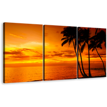 Load image into Gallery viewer, Dramatic Sea Canvas Wall Art, Silhouette Palm Trees 3 Piece Multi Canvas Artwork, Yellow Orange Sky Ocean Canvas Print
