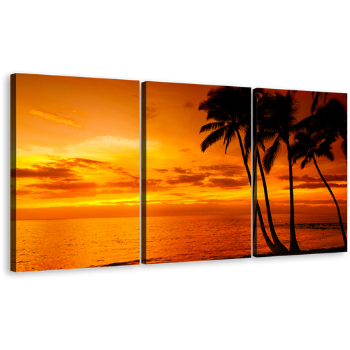 Dramatic Sea Canvas Wall Art, Silhouette Palm Trees 3 Piece Multi Canvas Artwork, Yellow Orange Sky Ocean Canvas Print