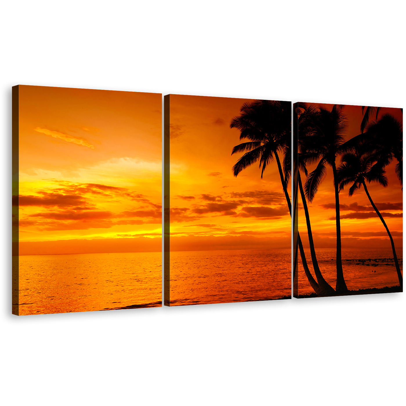 Dramatic Sea Canvas Wall Art, Silhouette Palm Trees 3 Piece Multi Canvas Artwork, Yellow Orange Sky Ocean Canvas Print