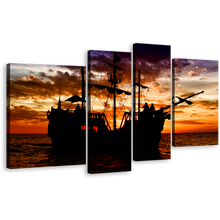 Load image into Gallery viewer, Dramatic Sea Wall Art, Black Pirate Ship Multi Canvas, Boat Ship Orange Sea Sunset 4 Piece Canvas Print
