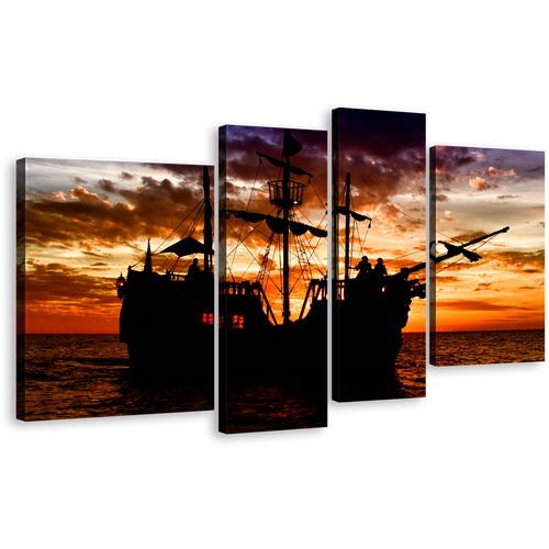 Dramatic Sea Wall Art, Black Pirate Ship Multi Canvas, Boat Ship Orange Sea Sunset 4 Piece Canvas Print