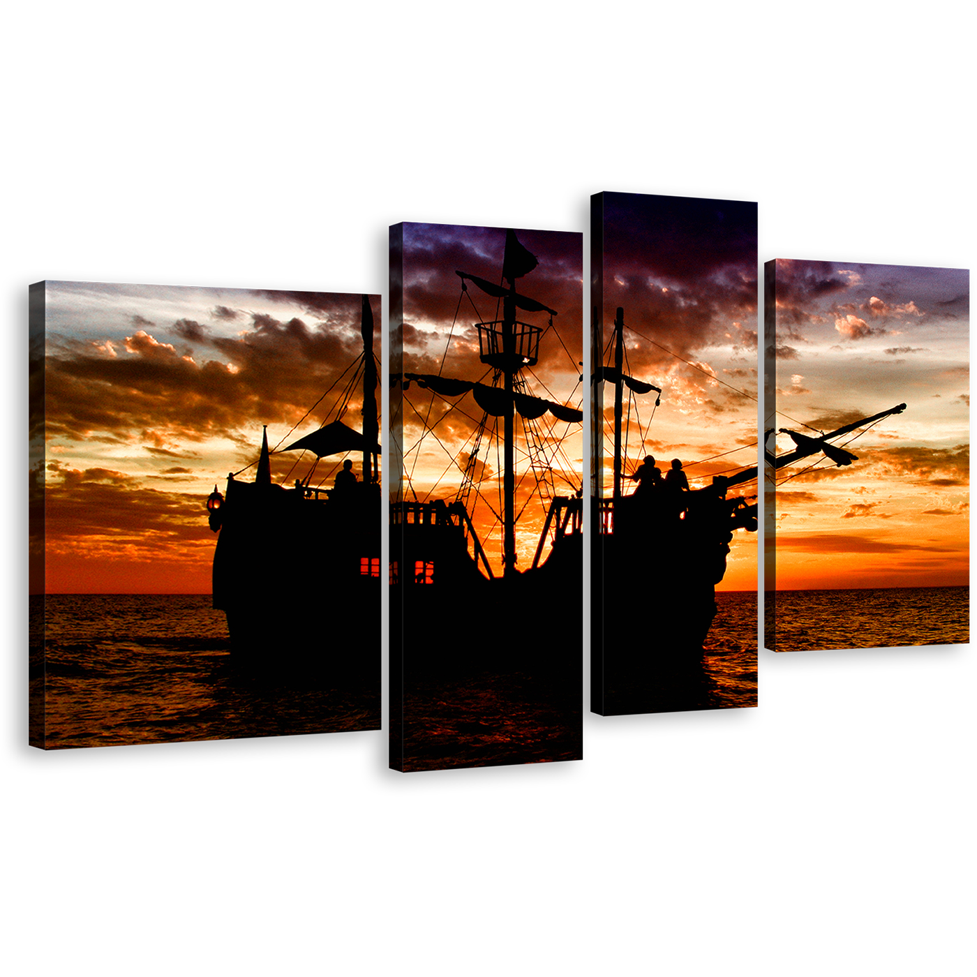 Dramatic Sea Wall Art, Black Pirate Ship Multi Canvas, Boat Ship Orange Sea Sunset 4 Piece Canvas Print