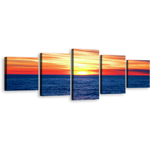 Dramatic Seascape Canvas Wall Art,  Blue Ocean Waves Canvas Print, Orange Sunset Ocean Sky 5 Piece Multiple Canvas