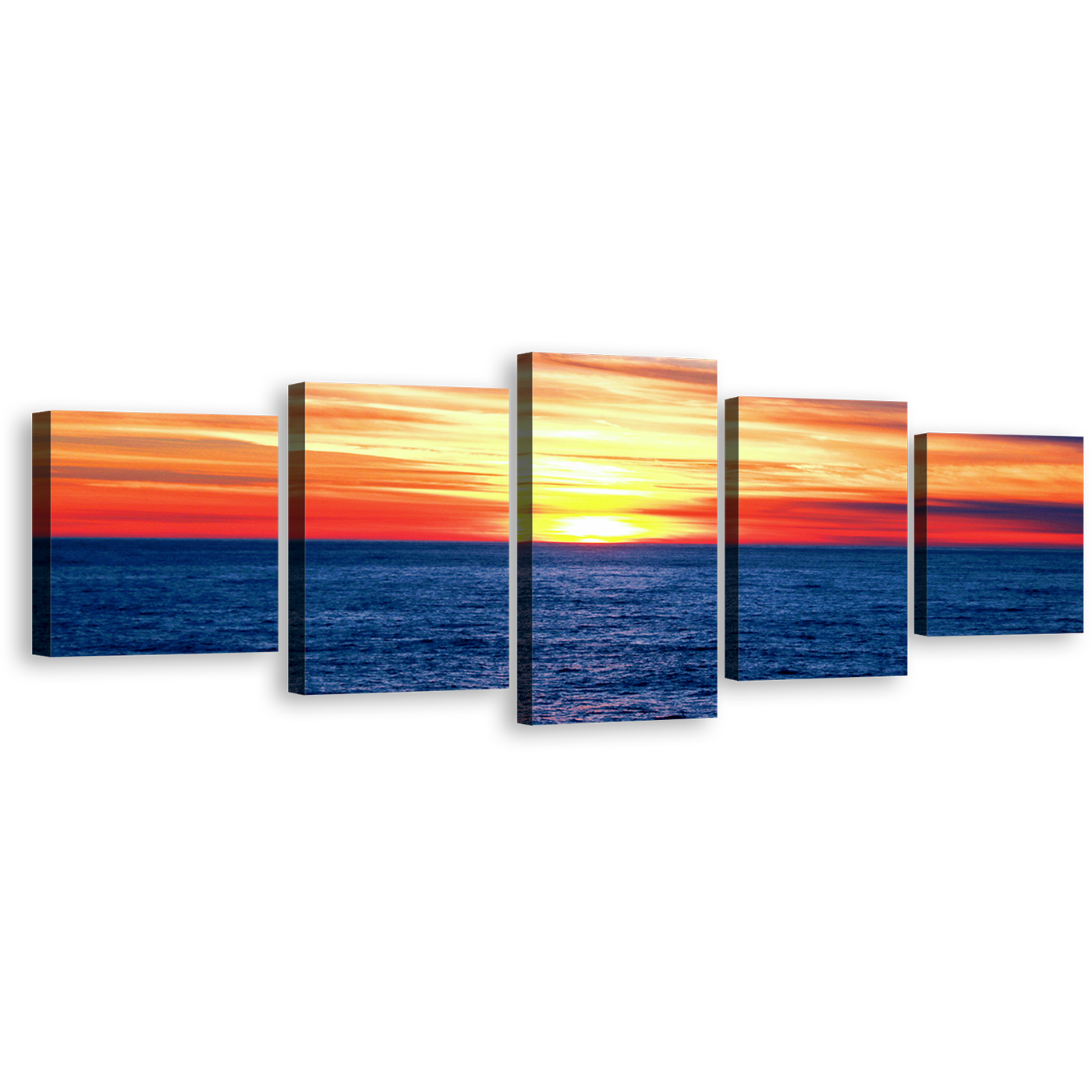 Dramatic Seascape Canvas Wall Art,  Blue Ocean Waves Canvas Print, Orange Sunset Ocean Sky 5 Piece Multiple Canvas