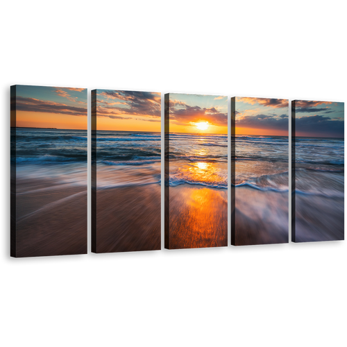 Dramatic Seascape Canvas Wall Art, Blue Ocean Waves Sea 5 Piece Canvas Set, Cloudy Orange Ocean Sky Canvas Print