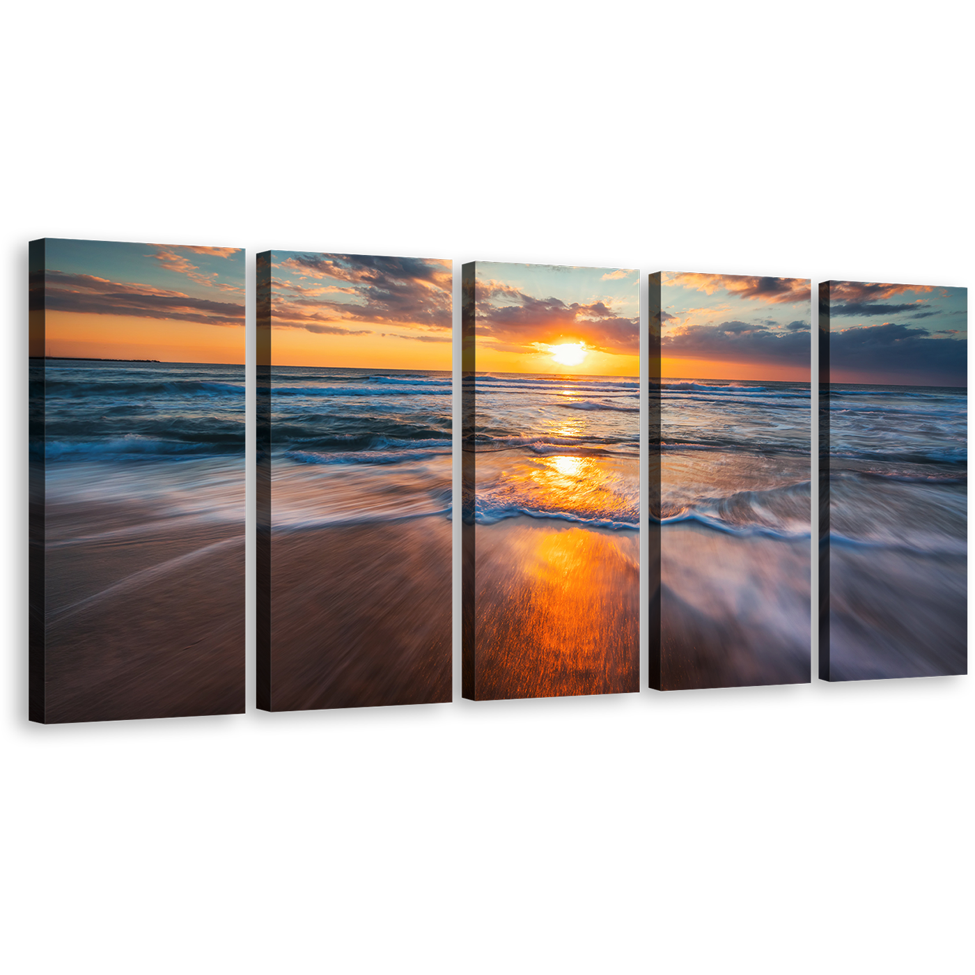 Dramatic Seascape Canvas Wall Art, Blue Ocean Waves Sea 5 Piece Canvas Set, Cloudy Orange Ocean Sky Canvas Print