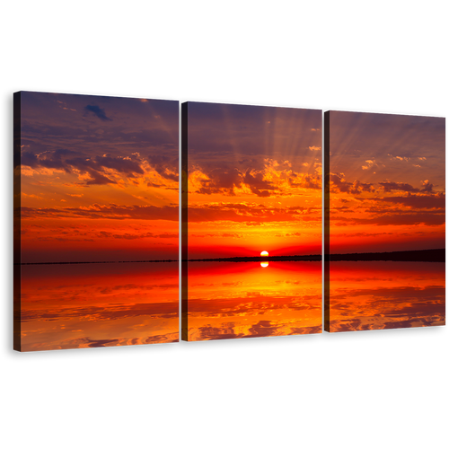 Dramatic Seascape Canvas Wall Art, Ocean Sky Canvas Set, Orange Red Sunset Ocean 3 Piece Multi Canvas Artwork