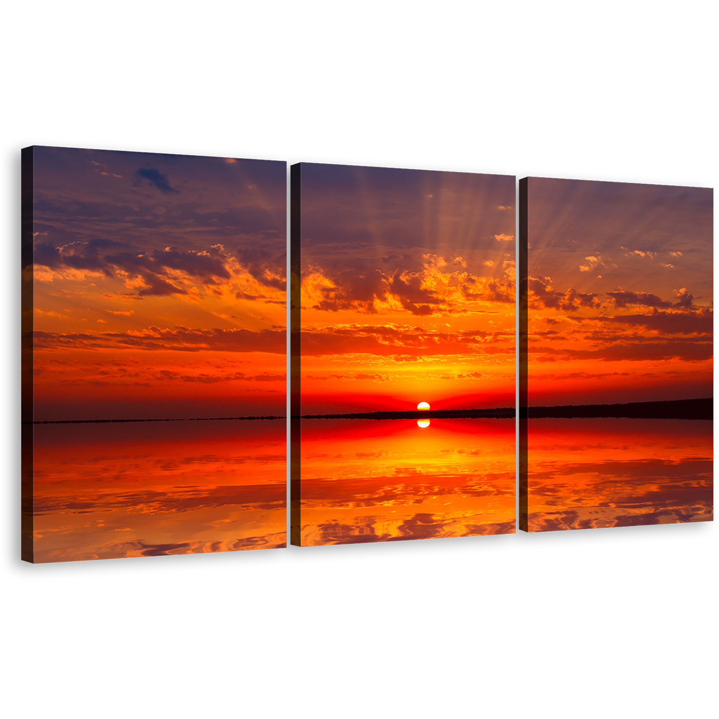 Dramatic Seascape Canvas Wall Art, Ocean Sky Canvas Set, Orange Red Sunset Ocean 3 Piece Multi Canvas Artwork