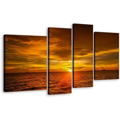 Dramatic Seascape Canvas Wall Art, Ocean Sky Canvas Set, Orange Sunset Ocean 4 Piece Multi Canvas Artwork, Gold Waves Canvas Print