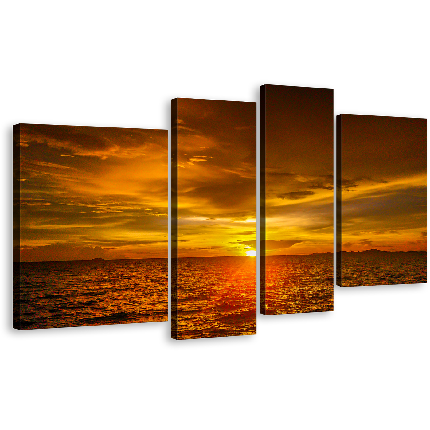 Dramatic Seascape Canvas Wall Art, Ocean Sky Canvas Set, Orange Sunset Ocean 4 Piece Multi Canvas Artwork, Gold Waves Canvas Print