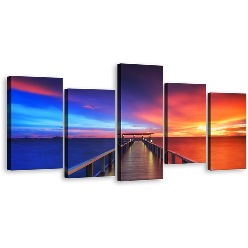 Dramatic Sky Canvas Print, Beautiful Blue Orange Sunset Sky 5 Piece Wall Art, Long Timber Pier Multiple Canvas