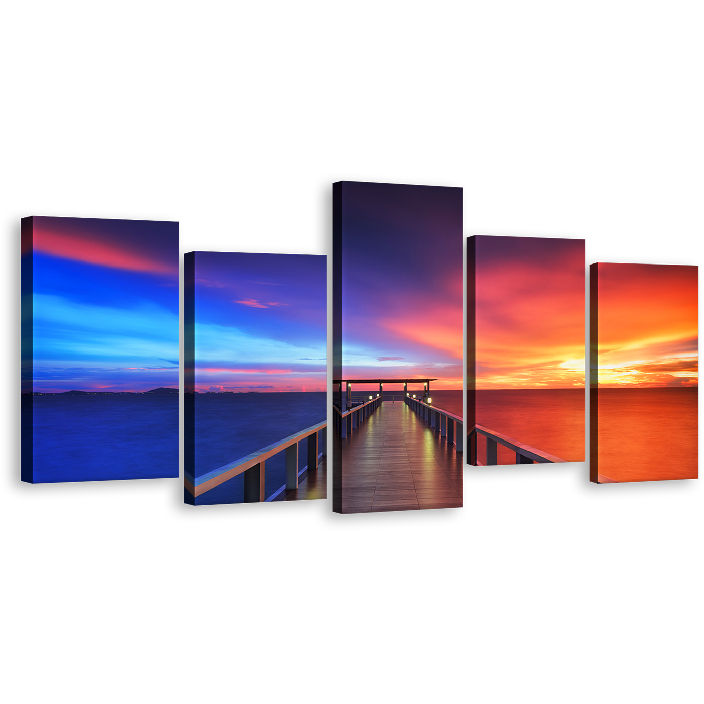 Dramatic Sky Canvas Print, Beautiful Blue Orange Sunset Sky 5 Piece Wall Art, Long Timber Pier Multiple Canvas