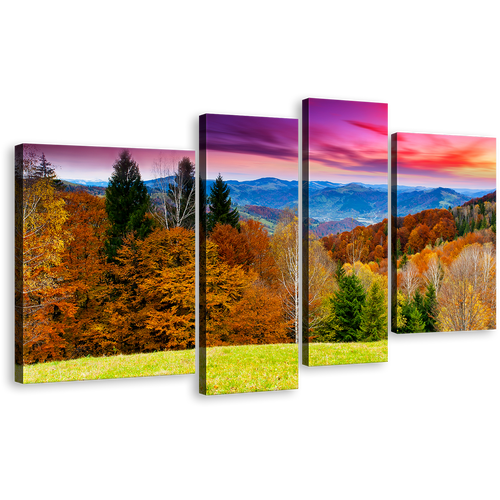 Dramatic Sky Canvas Print, Blue Mountains Landscape Multiple Canvas, Orange Trees Nature Scenery 4 Piece Wall Art