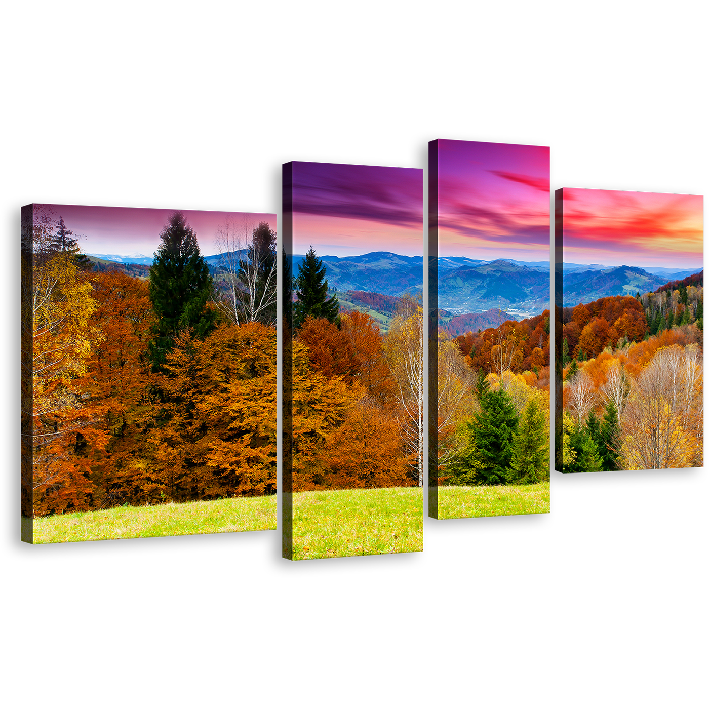 Dramatic Sky Canvas Print, Blue Mountains Landscape Multiple Canvas, Orange Trees Nature Scenery 4 Piece Wall Art