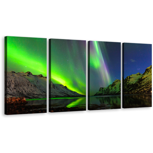 Dramatic Sky Canvas Print, Green Ersfjord Norway Aurora Canvas Wall Art, Blue Starry Sky Polar Lights 4 Piece Canvas