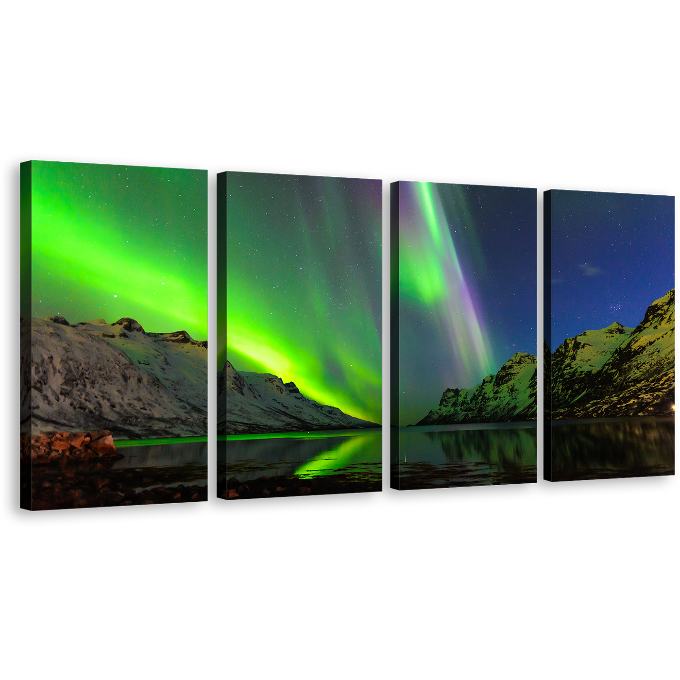 Dramatic Sky Canvas Print, Green Ersfjord Norway Aurora Canvas Wall Art, Blue Starry Sky Polar Lights 4 Piece Canvas