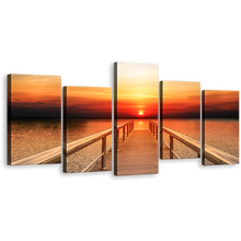 Load image into Gallery viewer, Dramatic Sky Canvas Print, Long Timber Wooden Pier Canvas Wall Art, Orange Yellow Sunset Seascape 5 Piece Canvas Set
