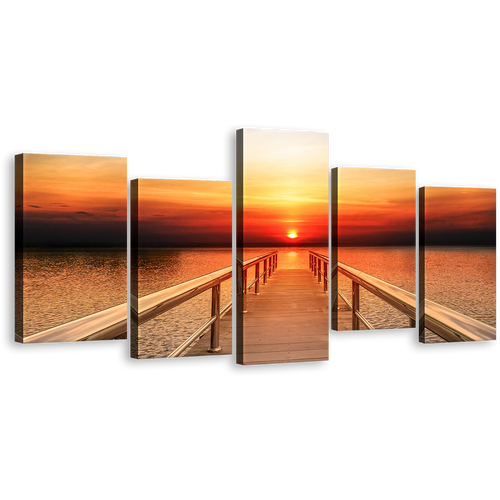 Dramatic Sky Canvas Print, Long Timber Wooden Pier Canvas Wall Art, Orange Yellow Sunset Seascape 5 Piece Canvas Set