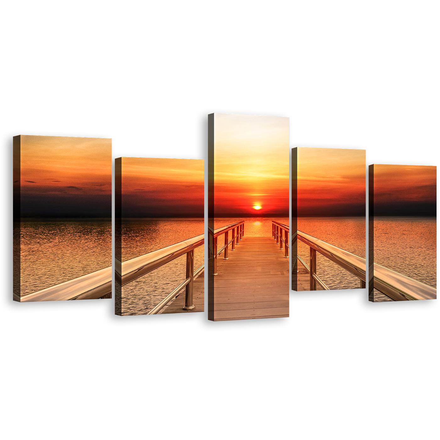 Dramatic Sky Canvas Print, Long Timber Wooden Pier Canvas Wall Art, Orange Yellow Sunset Seascape 5 Piece Canvas Set