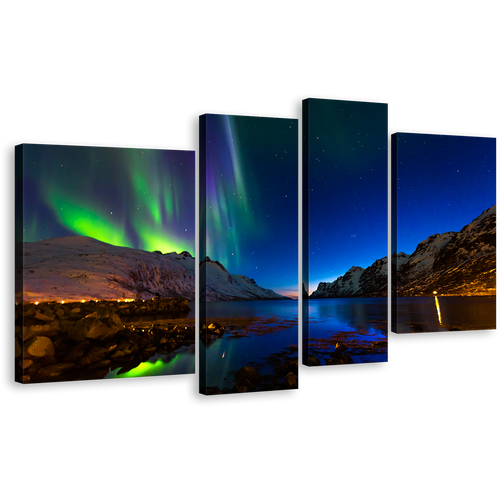 Dramatic Sky Canvas Print, Orange Green Ersfjord Toms Polar Lights Norway's Night Splendor 4 Piece Canvas Wall Art