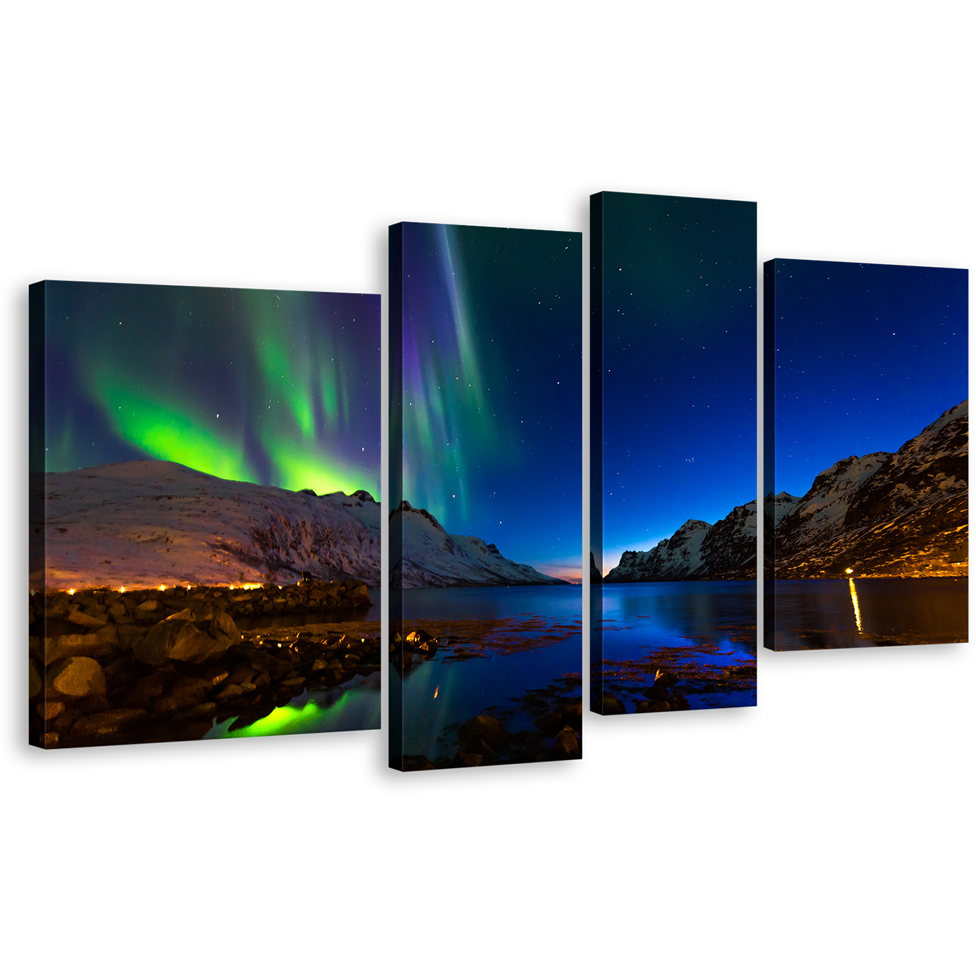 Dramatic Sky Canvas Print, Orange Green Ersfjord Toms Polar Lights Norway's Night Splendor 4 Piece Canvas Wall Art