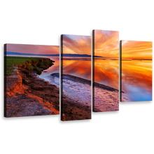 Load image into Gallery viewer, Dramatic Sky Canvas Print, Orange Ocean Beach Reflection Wall Art, Beautiful Yellow Sky Sea 4 Piece Canvas Set
