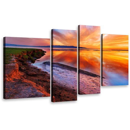 Dramatic Sky Canvas Print, Orange Ocean Beach Reflection Wall Art, Beautiful Yellow Sky Sea 4 Piece Canvas Set