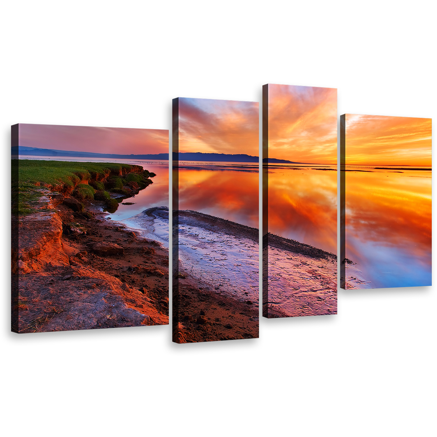 Dramatic Sky Canvas Print, Orange Ocean Beach Reflection Wall Art, Beautiful Yellow Sky Sea 4 Piece Canvas Set