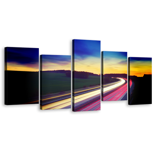 Dramatic Sky Canvas Print, Red Yellow Car Lights 5 Piece Canvas Multi-panel Print, Blue Sky Light Trail Wall Art