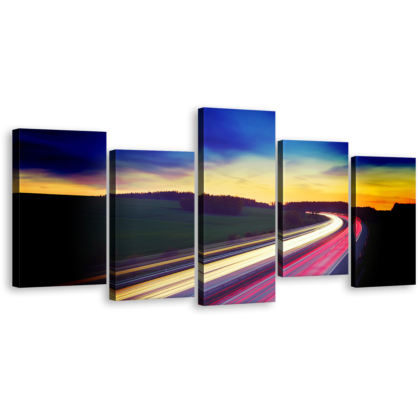 Dramatic Sky Canvas Print, Red Yellow Car Lights 5 Piece Canvas Multi-panel Print, Blue Sky Light Trail Wall Art