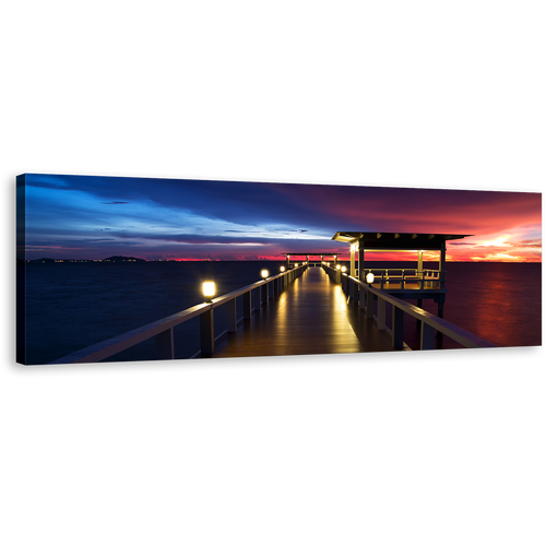 Dramatic Sky Canvas Print, Wooden Bridge Ocean Panoramic Canvas Wall Art, Pier at Sea Wide Canvas, Red Blue Sunset Sky