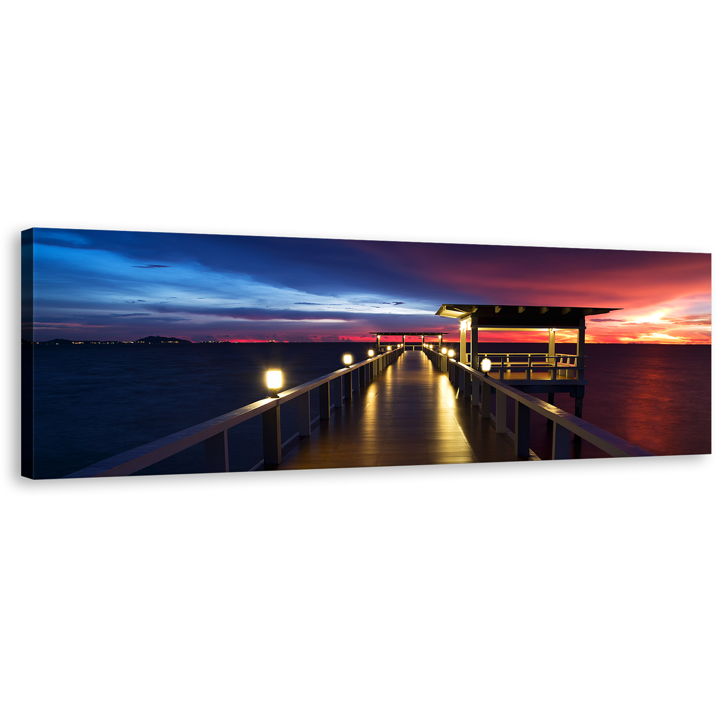 Dramatic Sky Canvas Print, Wooden Bridge Ocean Panoramic Canvas Wall Art, Pier at Sea Wide Canvas, Red Blue Sunset Sky