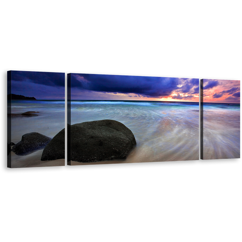 Dramatic Sky Canvas Wall Art, Blue Thailand Beach Sunset Clouds 3 Piece Multi Canvas, Grey Ocean Rocks Boulders Canvas Print