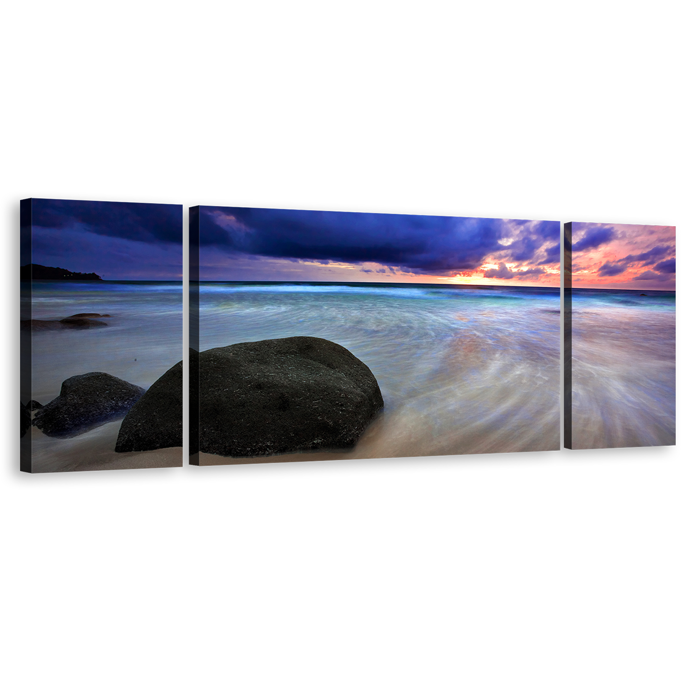 Dramatic Sky Canvas Wall Art, Blue Thailand Beach Sunset Clouds 3 Piece Multi Canvas, Grey Ocean Rocks Boulders Canvas Print