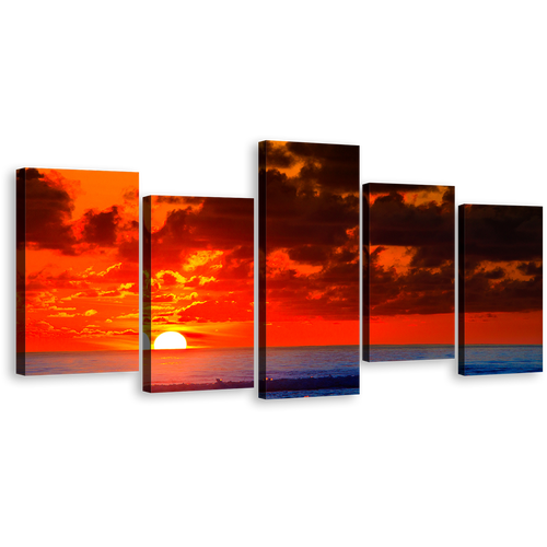 Dramatic Sky Canvas Wall Art, Cloudy Red Ocean 5 Piece Multiple Canvas, Beautiful Blue Ocean Waves Canvas Print