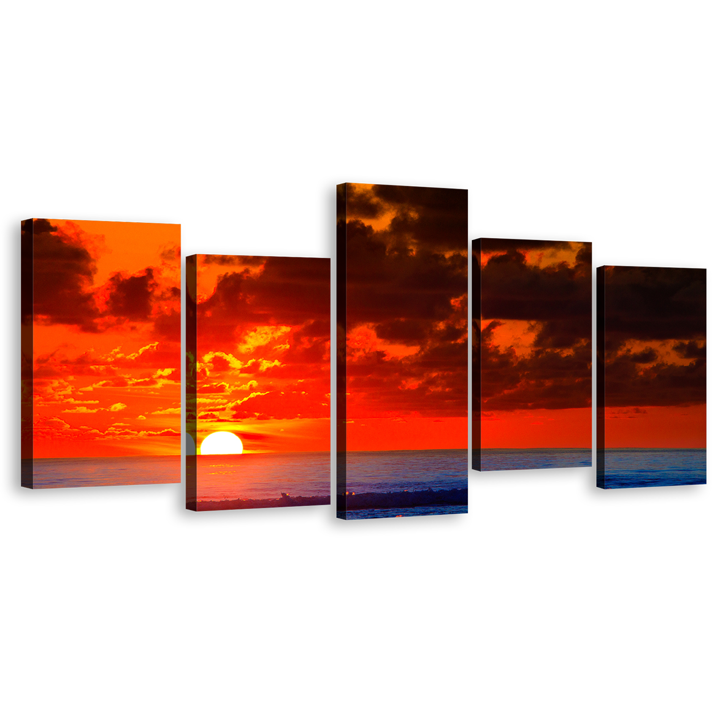 Dramatic Sky Canvas Wall Art, Cloudy Red Ocean 5 Piece Multiple Canvas, Beautiful Blue Ocean Waves Canvas Print