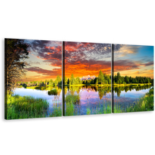 Load image into Gallery viewer, Dramatic Sky Canvas Wall Art, Green Scenery Landscape Tetons Wyoming Canvas Set, Grand Teton Orange Sunset Scenery 3 Piece Canvas Print
