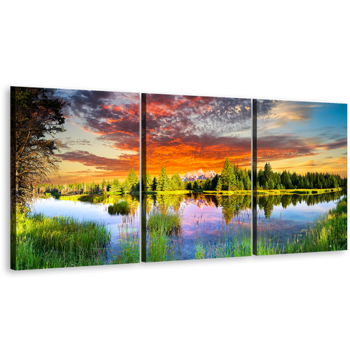 Dramatic Sky Canvas Wall Art, Green Scenery Landscape Tetons Wyoming Canvas Set, Grand Teton Orange Sunset Scenery 3 Piece Canvas Print