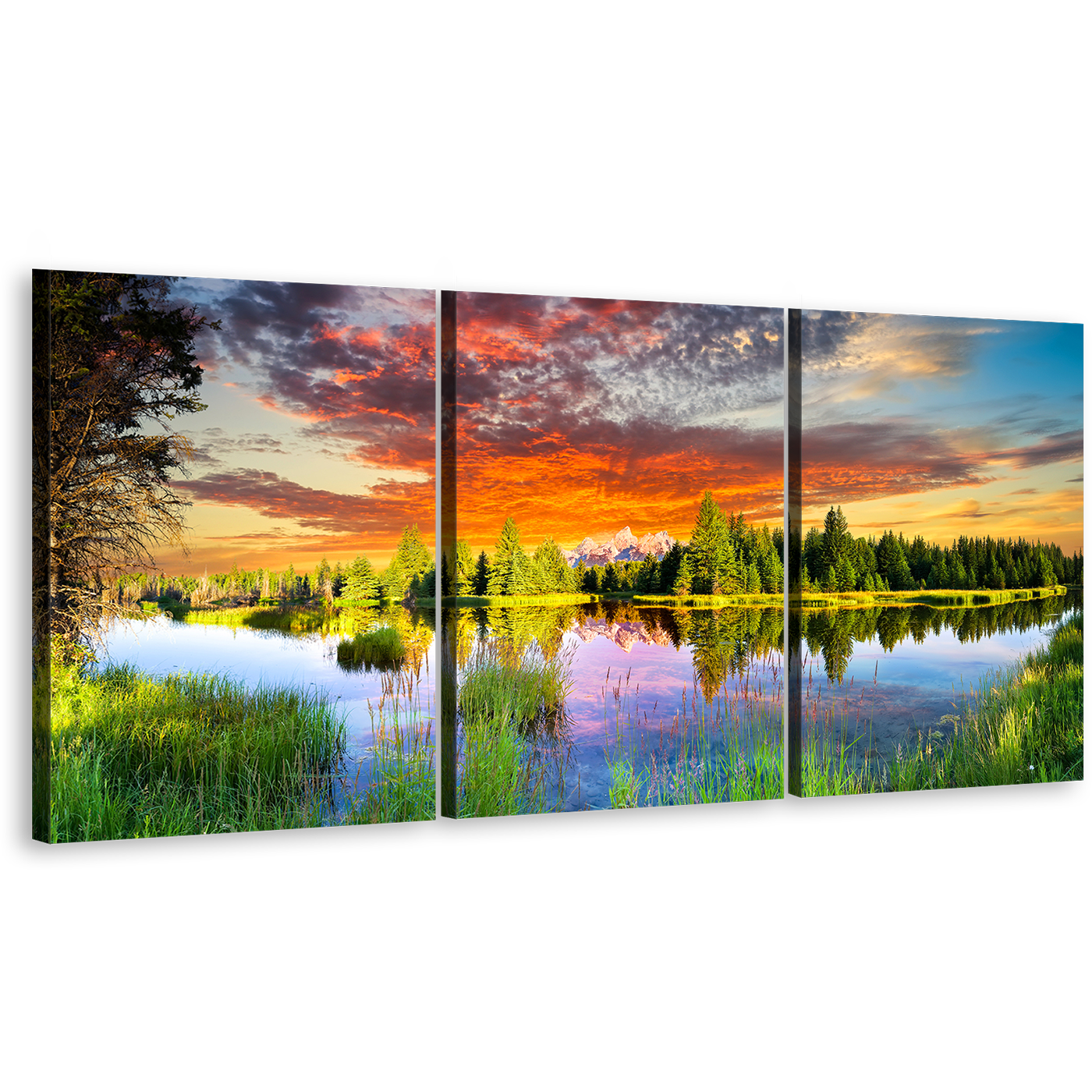 Dramatic Sky Canvas Wall Art, Green Scenery Landscape Tetons Wyoming Canvas Set, Grand Teton Orange Sunset Scenery 3 Piece Canvas Print