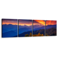 Load image into Gallery viewer, Dramatic Sky Canvas Wall Art, Mt Ushba Orange Sunbeams 4 Piece Canvas Print, Europe Caucasus Ridge Landscape Canvas Set, Mestia Georgia Blue Mountain Canvas Artwork
