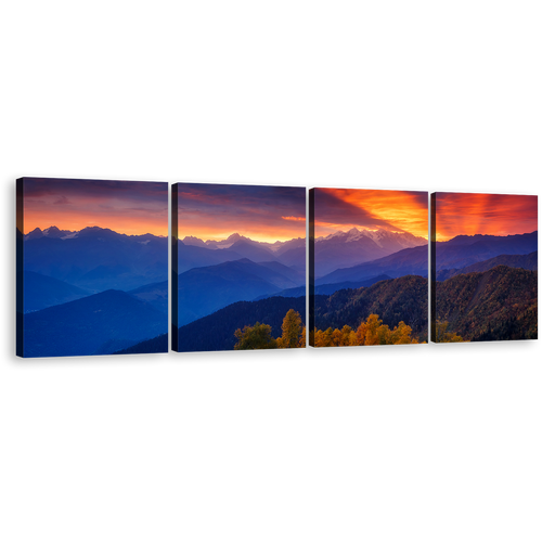 Dramatic Sky Canvas Wall Art, Mt Ushba Orange Sunbeams 4 Piece Canvas Print, Europe Caucasus Ridge Landscape Canvas Set, Mestia Georgia Blue Mountain Canvas Artwork