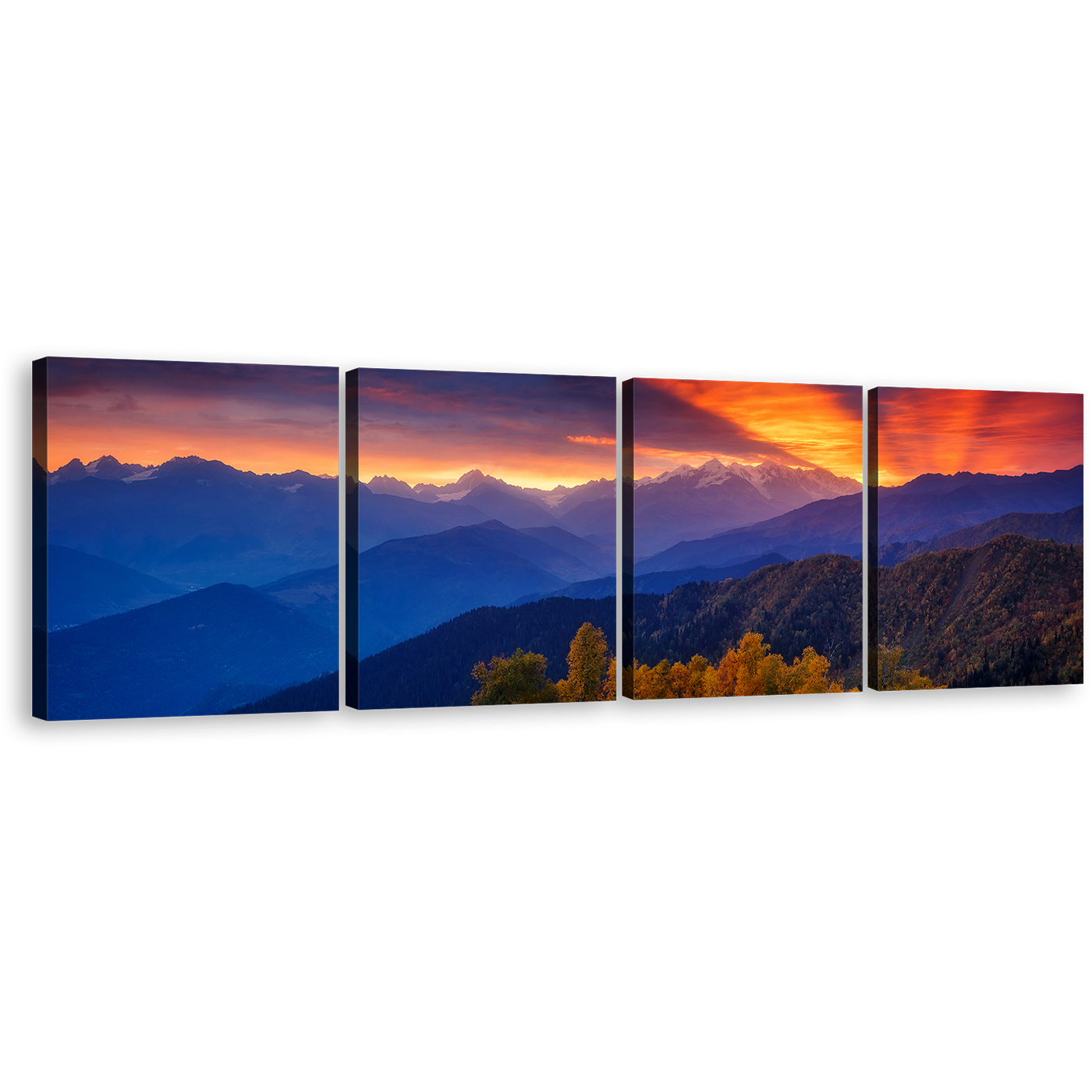 Dramatic Sky Canvas Wall Art, Mt Ushba Orange Sunbeams 4 Piece Canvas Print, Europe Caucasus Ridge Landscape Canvas Set, Mestia Georgia Blue Mountain Canvas Artwork