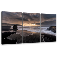 Load image into Gallery viewer, Dramatic Sky Canvas Wall Art, Ocean Beach Black Sand Multiple Canvas, Yellow Cloudy Sunset Sky Triptych Canvas Print, Grey Reynisfjara Beach 3 Piece Canvas
