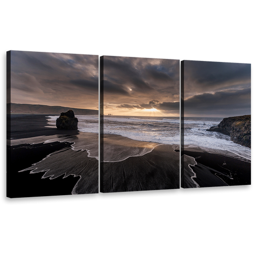 Dramatic Sky Canvas Wall Art, Ocean Beach Black Sand Multiple Canvas, Yellow Cloudy Sunset Sky Triptych Canvas Print, Grey Reynisfjara Beach 3 Piece Canvas