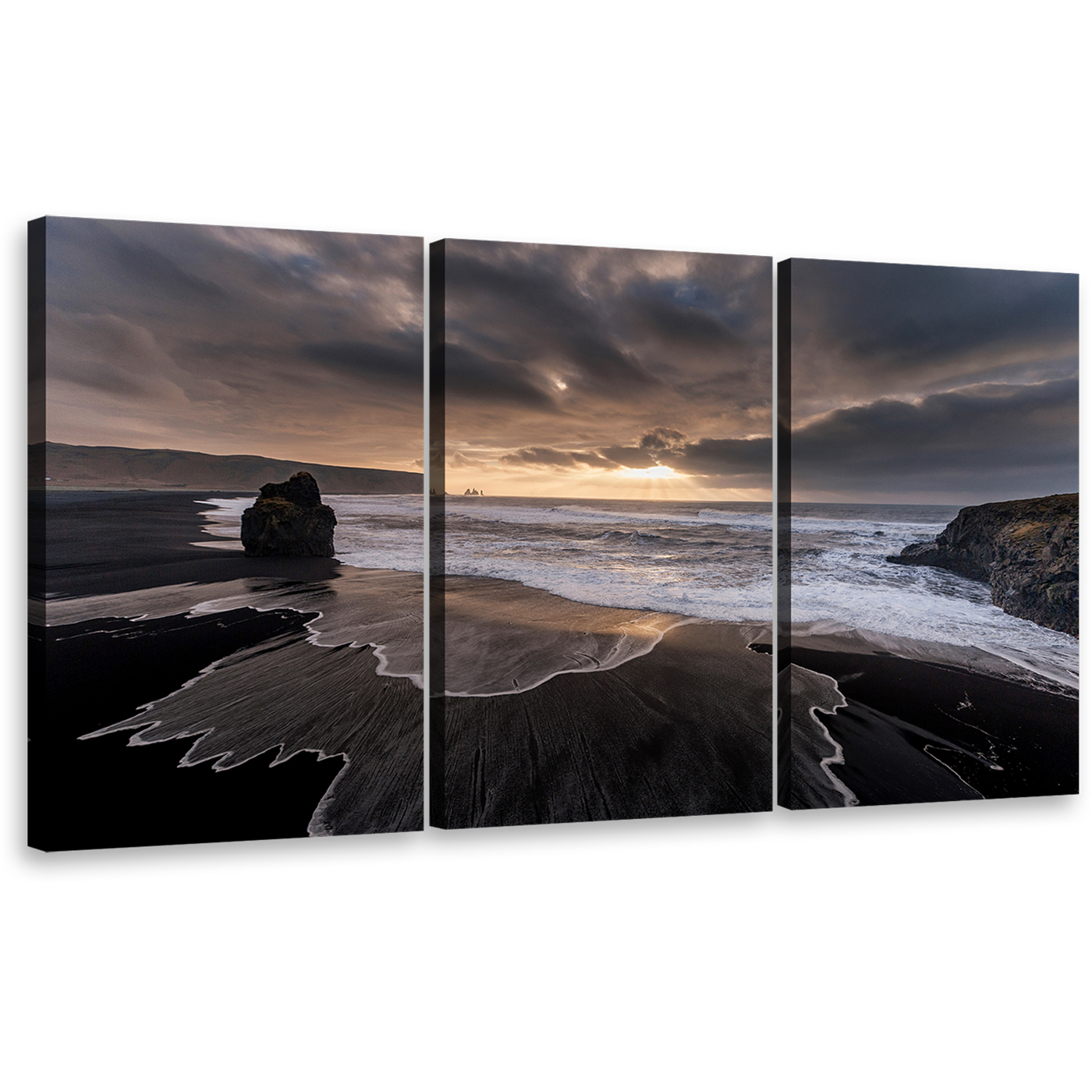 Dramatic Sky Canvas Wall Art, Ocean Beach Black Sand Multiple Canvas, Yellow Cloudy Sunset Sky Triptych Canvas Print, Grey Reynisfjara Beach 3 Piece Canvas