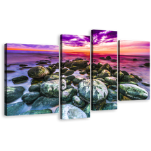 Load image into Gallery viewer, Dramatic Sky Canvas Wall Art, Ocean Rocks 4 Piece Canvas Print, Colorful Cloudy Ocean Multi Canvas Artwork
