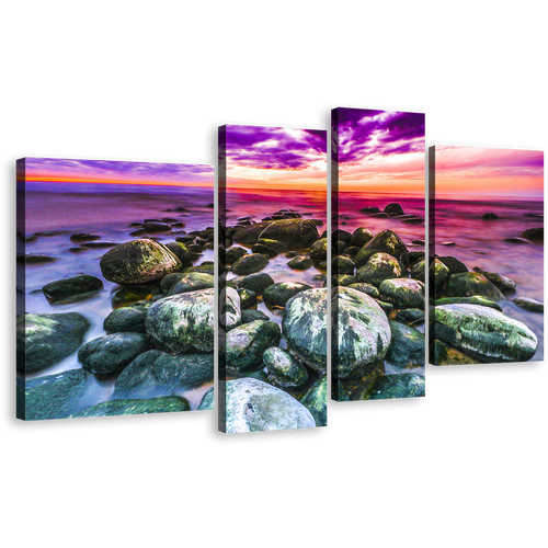 Dramatic Sky Canvas Wall Art, Ocean Rocks 4 Piece Canvas Print, Colorful Cloudy Ocean Multi Canvas Artwork