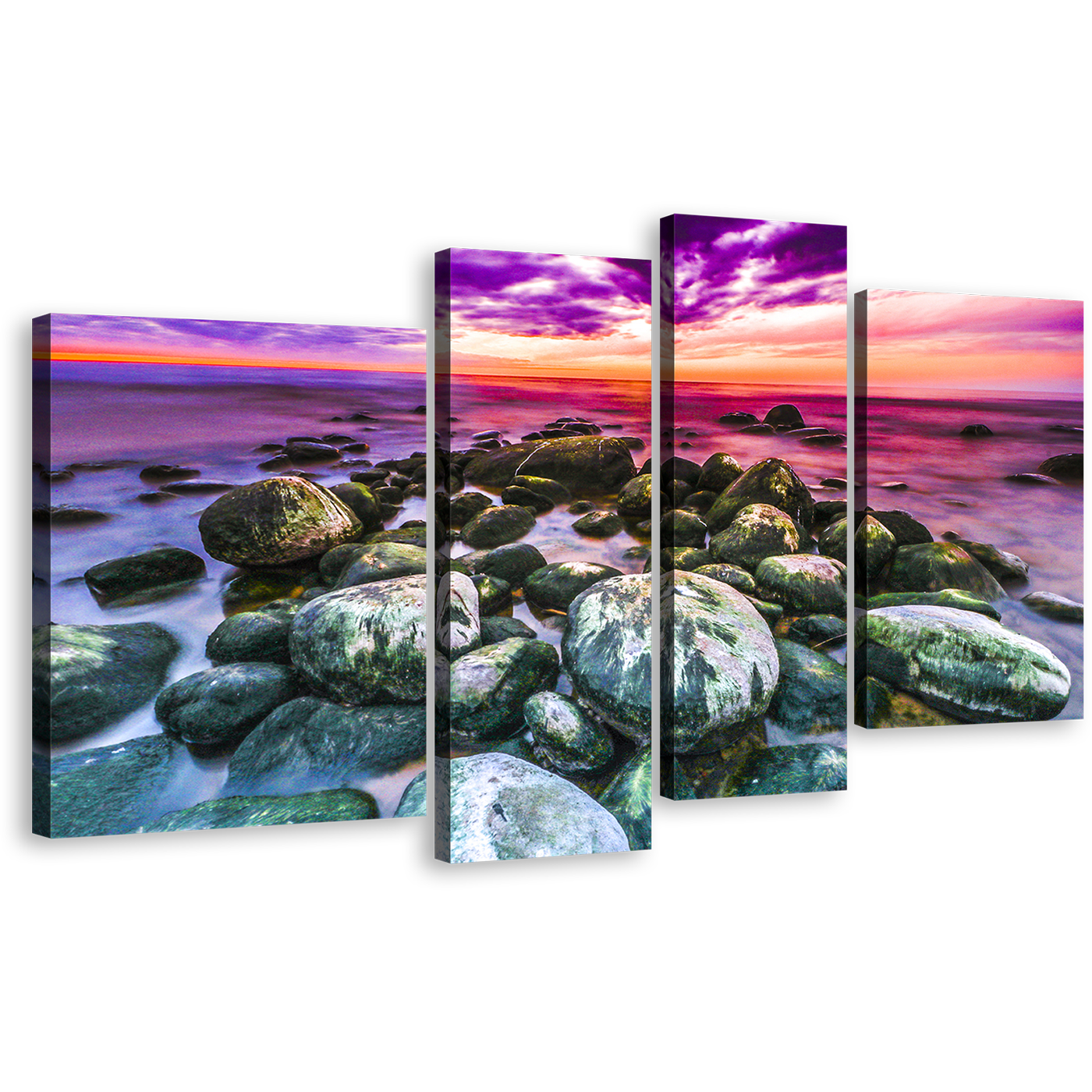 Dramatic Sky Canvas Wall Art, Ocean Rocks 4 Piece Canvas Print, Colorful Cloudy Ocean Multi Canvas Artwork